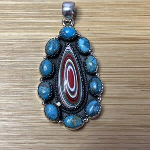 sterling silver Fordite And Turquoise Pendant